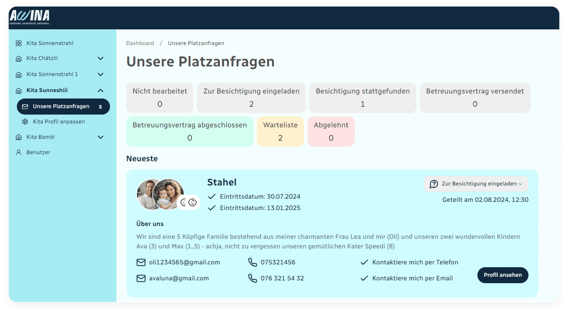 Überblick über alle Kita Platzanfragen